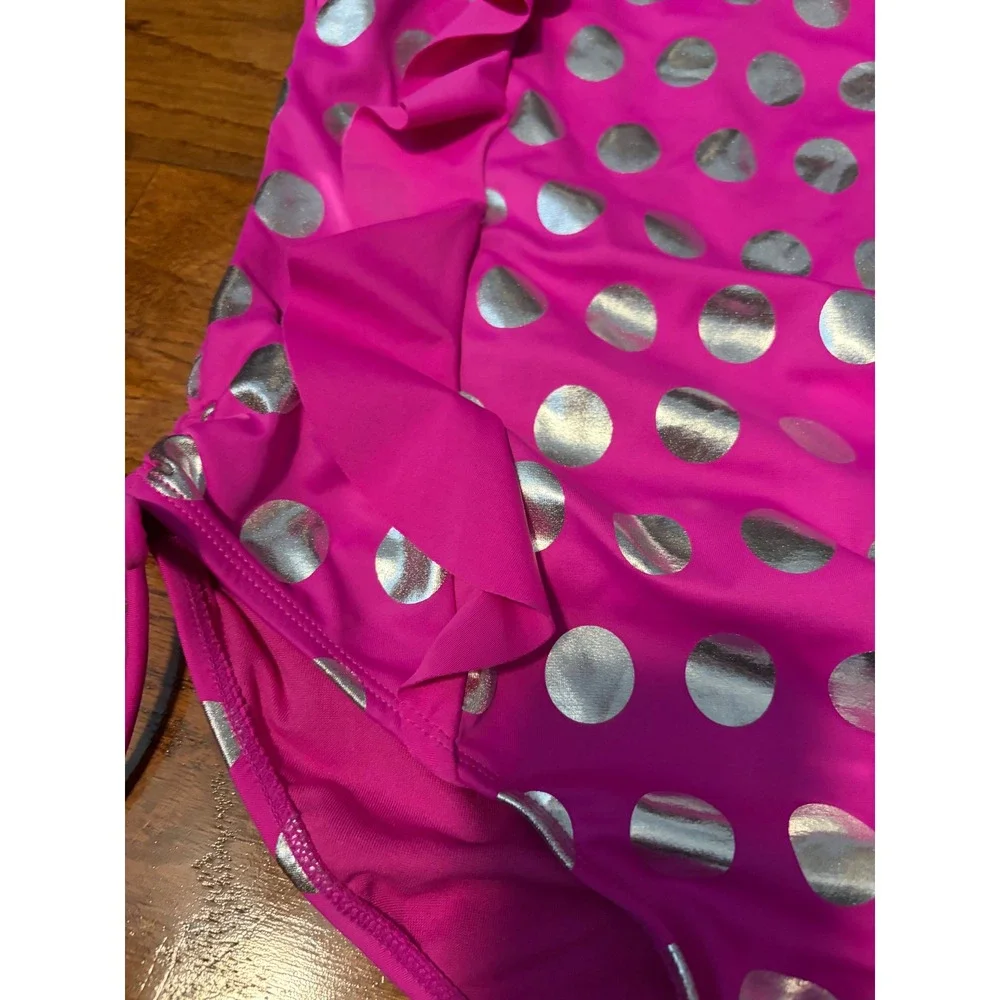 Justice One Piece Swimsuit Kids Size 14 Pink Silver Metallic Polka Dot Ruffle‎